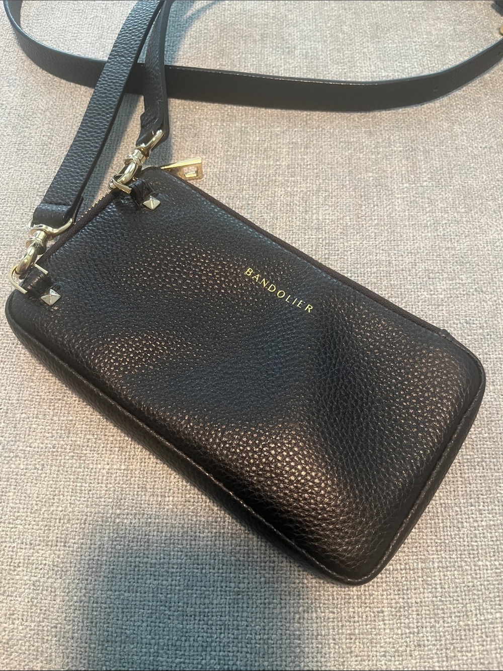 Bandolier Black Leather Phone Crossbody Bag Gold Hardware Adjustable Strap